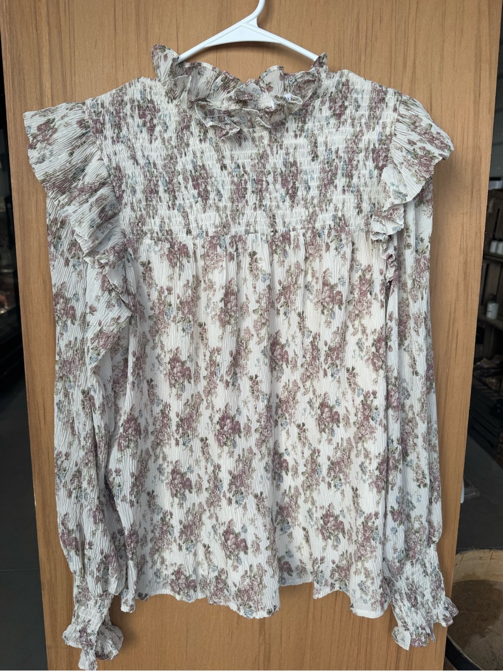 vestique Cream Floral Ruffle Smocked Peasant Blouse with Mauve Accents